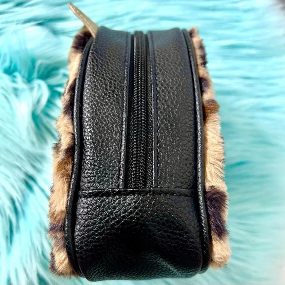 Bath & Body Works Leopard Print Faux Fur Cosmetic Bag Cat Ear Collectible NWOT